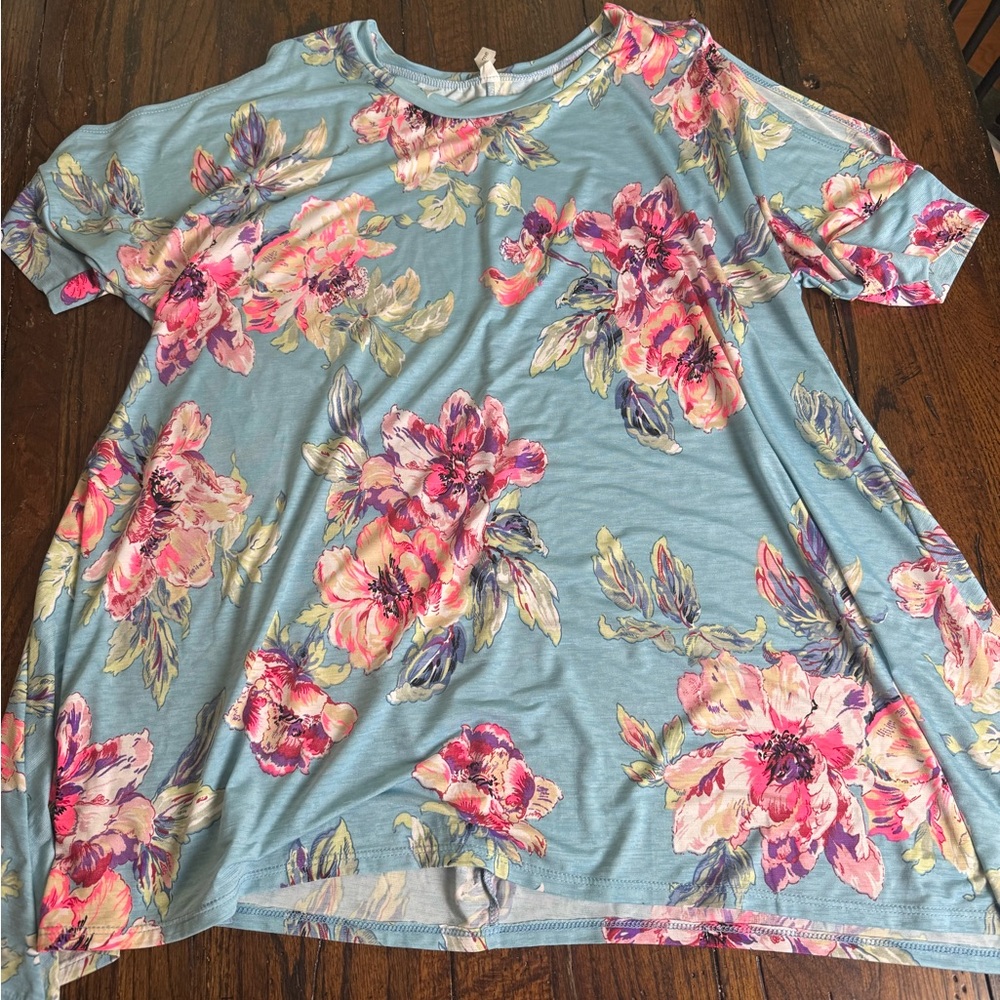 Honeyme Sky Blue Floral Cold-Shoulder Tunic - Picture 2 of 6